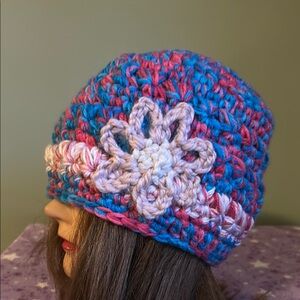 Multicolor Crochet Flower Beanie medium acrylic yarn new